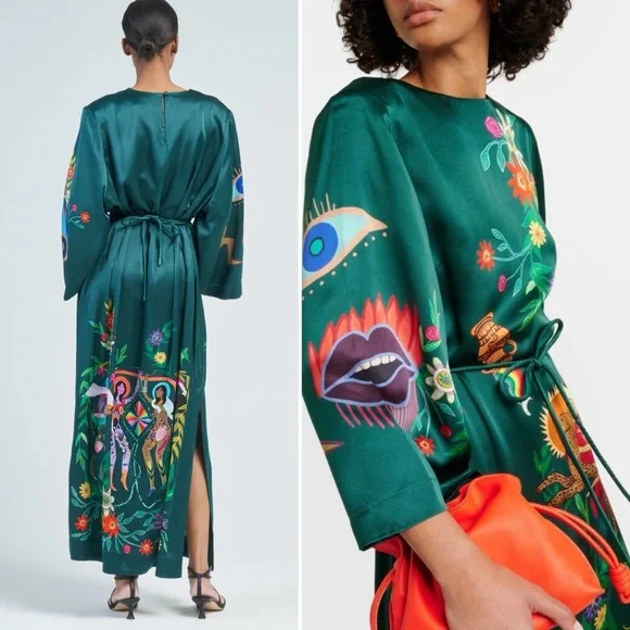 Alemais Agatha Printed Graphic Maxi Midi Slit Belted Dark Green Dress size US 6 - Picture 5 of 15